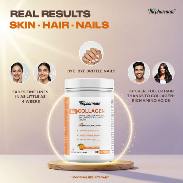 Marine Collagen Powder with Vitamin C, Hyaluronic Acid, Biotin & Glutathione – OrangeFlavour – For Skin Glow, Hair Growth, Joint Support – No Sugar – 150g – 25 Servings