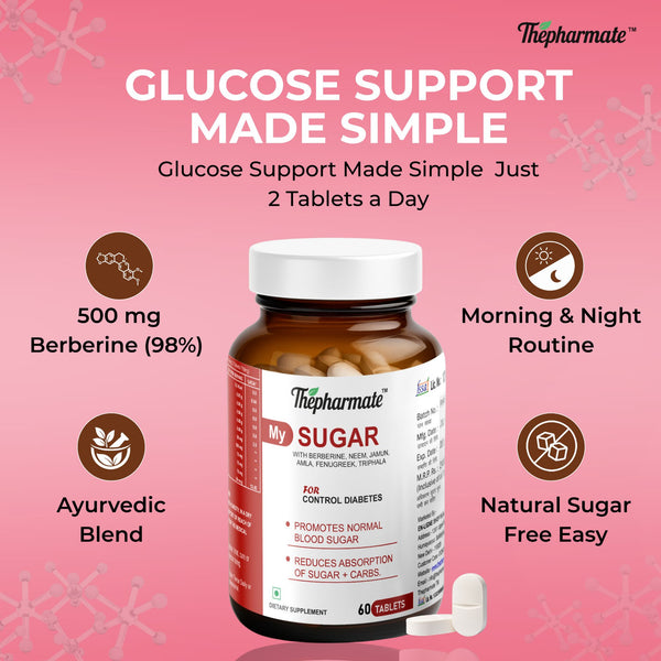 Blood Sugar Support Tablets with Berberine 98%, Fenugreek, Jamun Seed, Karela, Neem,Triphala & Chromium – Natural Diabetes Support Supplement – Sugar-Free – 60 Tablets