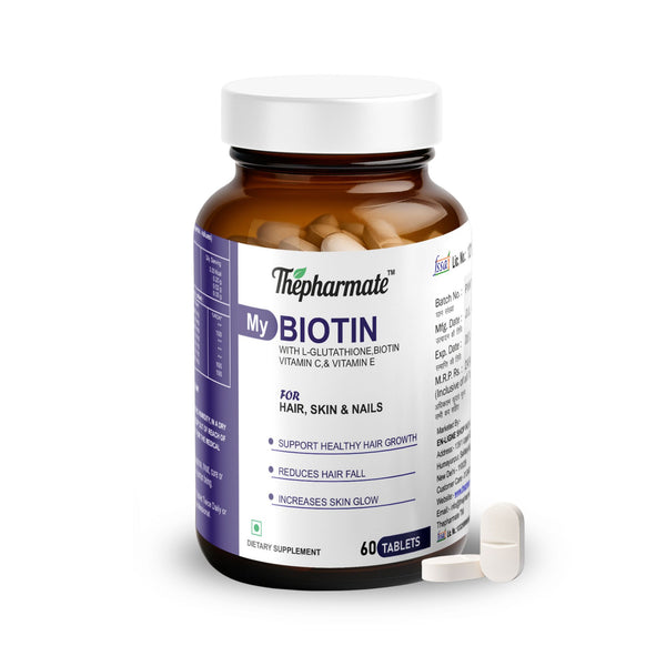 Thepharmate My Biotin Tablets for Hair Growth, Skin & Nails | With L-Glutathione, Vitamin C, Vitamin E, Grape Seed, Alpha Lipoic Acid | 30 mcg Biotin Supplement for Men's & Women's | 60 Tablets
