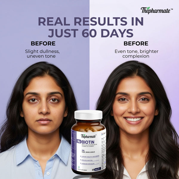 Thepharmate My Biotin Tablets for Hair Growth, Skin & Nails | With L-Glutathione, Vitamin C, Vitamin E, Grape Seed, Alpha Lipoic Acid | 30 mcg Biotin Supplement for Men's & Women's | 60 Tablets