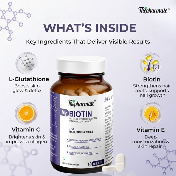Thepharmate My Biotin Tablets for Hair Growth, Skin & Nails | With L-Glutathione, Vitamin C, Vitamin E, Grape Seed, Alpha Lipoic Acid | 30 mcg Biotin Supplement for Men's & Women's | 60 Tablets