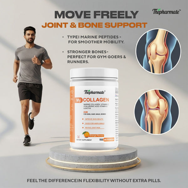 Marine Collagen Powder with Vitamin C, Hyaluronic Acid, Biotin & Glutathione – OrangeFlavour – For Skin Glow, Hair Growth, Joint Support – No Sugar – 150g – 25 Servings