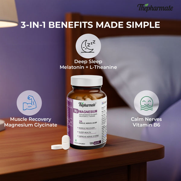 Magnesium Supplement with Glycinate, L-Threonate, Melatonin, L-Theanine, Apigenin &Vitamin B6 – For Sleep, Muscle Recovery & Nerve Health – Sugar-Free – 120 Tablets