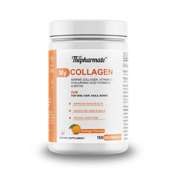 Marine Collagen Powder with Vitamin C, Hyaluronic Acid, Biotin & Glutathione – OrangeFlavour – For Skin Glow, Hair Growth, Joint Support – No Sugar – 150g – 25 Servings